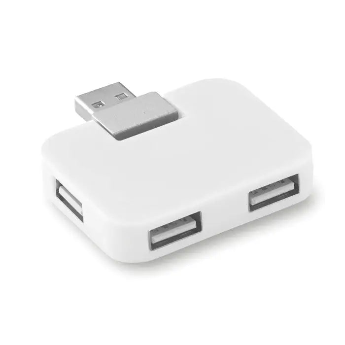 Hub usb cu 4 porturi din plastic alb cu conector metalic argintiu si trei porturi pentru extinderea conexiunilor usb