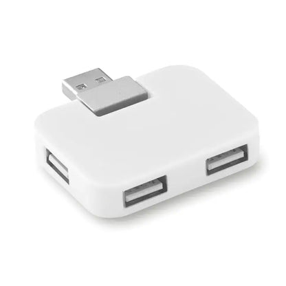 Hub usb cu 4 porturi din plastic alb cu conector metalic argintiu si trei porturi pentru extinderea conexiunilor usb