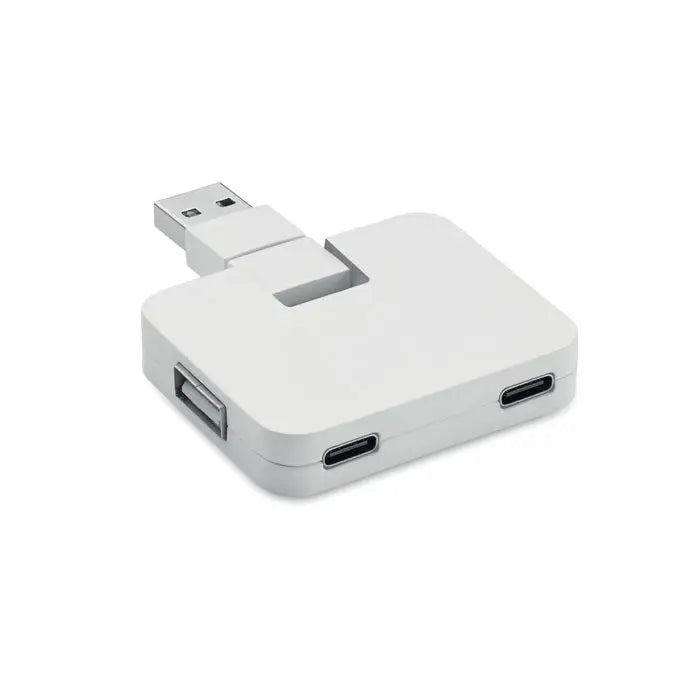 Hub usb cu 4 porturi alb din plastic cu un port type-a si doua porturi type-c pentru conectare rapida