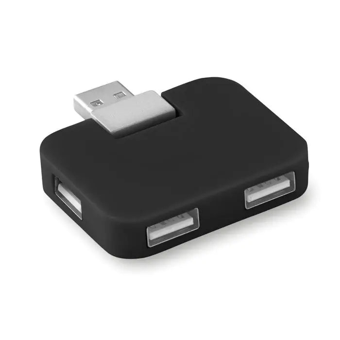 Hub usb cu 4 porturi negru din plastic cu conector usb-a argintiu si trei porturi dreptunghiulare