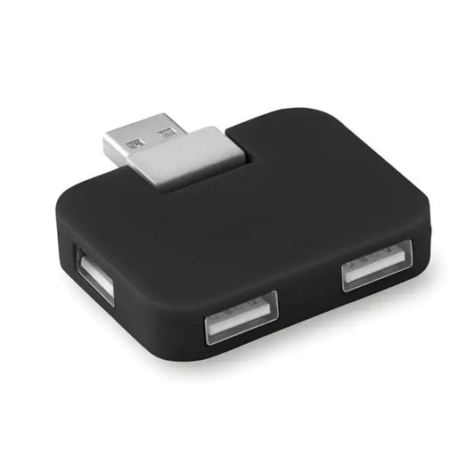 Hub usb cu 4 porturi negru din plastic cu conector usb-a argintiu si trei porturi dreptunghiulare