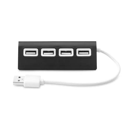 Hub usb cu 4 porturi negru rectangular cu patru porturi argintii si cablu alb pentru conectare periferice