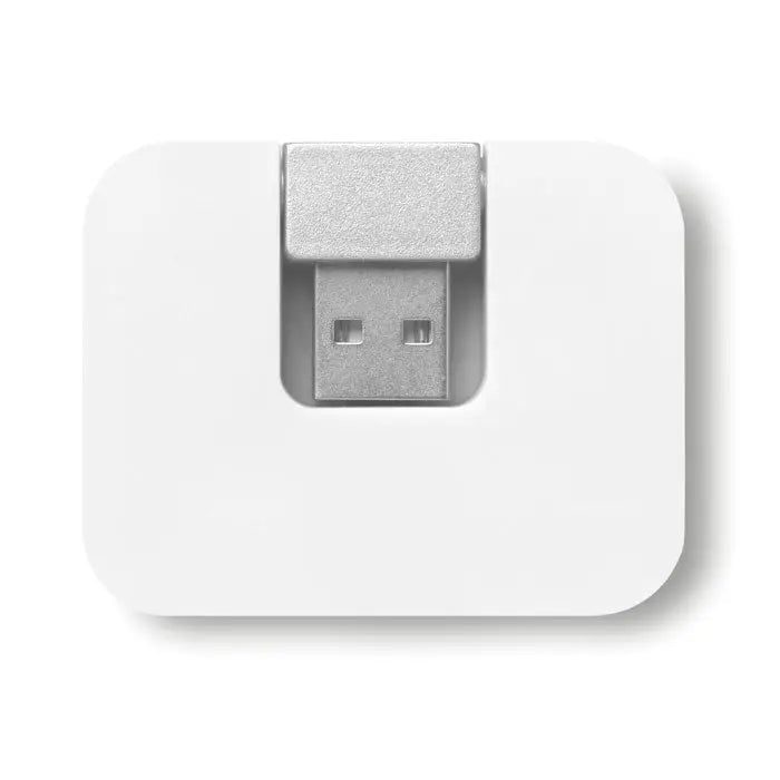 Hub usb cu 4 porturi alb dreptunghiular cu conector metalic argintiu si clip pentru transfer date rapid