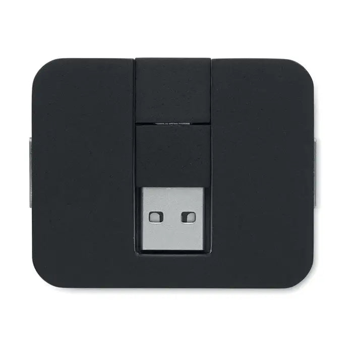 Hub usb cu 4 porturi negru dreptunghiular cu finisaj mat si conector usb argintiu pentru extinderea porturilor