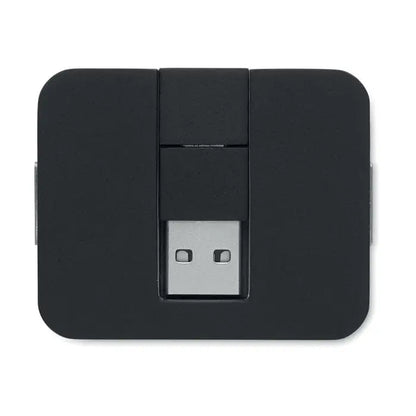 Hub usb cu 4 porturi negru dreptunghiular cu finisaj mat si conector usb argintiu pentru extinderea porturilor