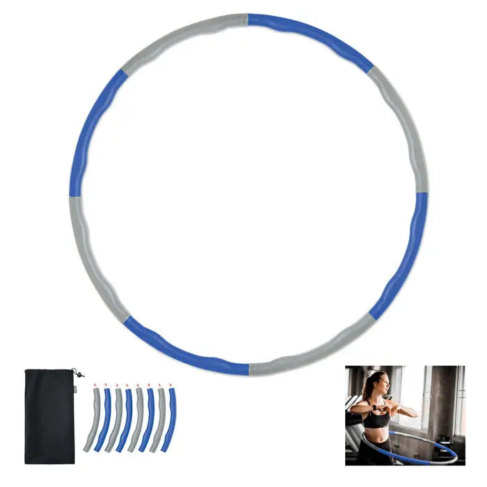 Hula hoop în husa rpet albastru și gri segmentat cu prindere texturată pentru exerciții fizice