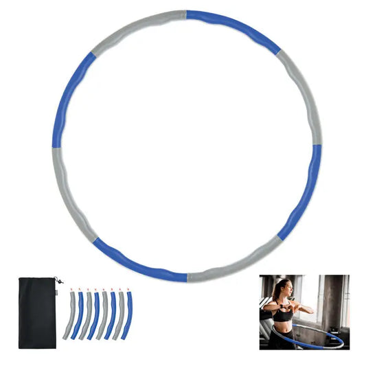 Hula hoop în husa rpet albastru și gri segmentat cu prindere texturată pentru exerciții fizice