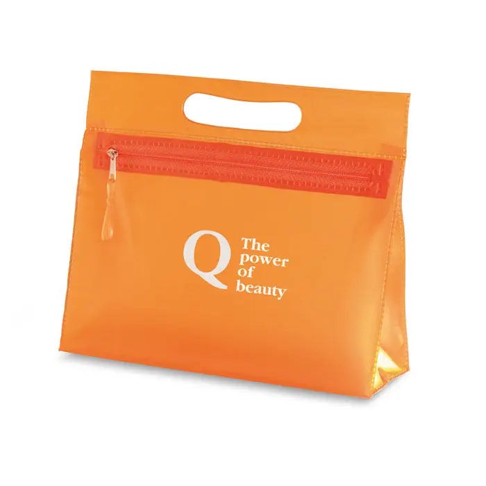 Husa cosmetica transparenta din plastic portocaliu, maner alb si fermoar rosu, cu logo q the power of beauty