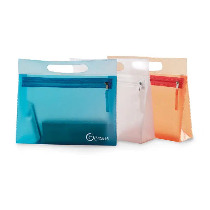 Husa cosmetica transparenta din plastic cu maner si fermoar avand logo ocean alb pentru produse de toaleta