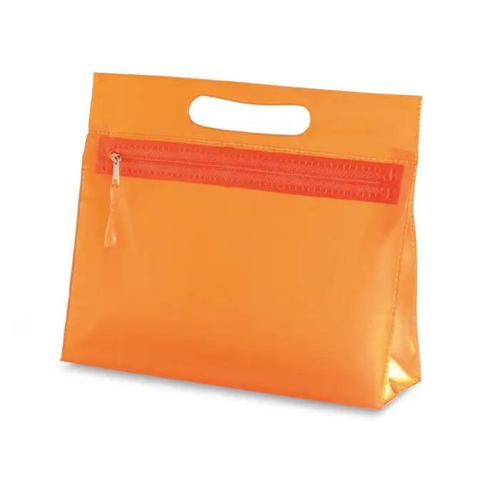 Husa cosmetica transparenta din plastic portocaliu translucid cu maner alb si fermoar rosu