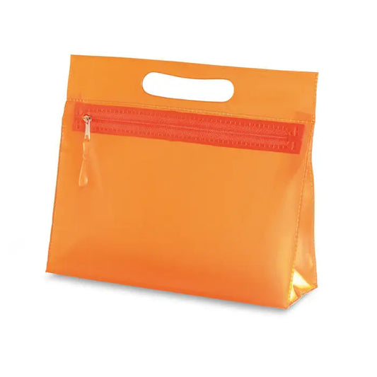 Husa cosmetica transparenta din plastic portocaliu translucid cu maner alb si fermoar rosu