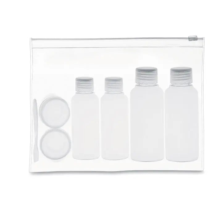Husa de calatorie transparenta cu patru sticle albe mate cu capace argintii si doua capace rotunde
