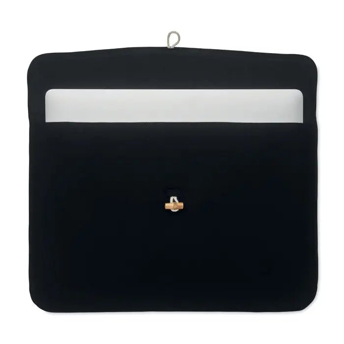Husa din bumbac de 15 inchi neagra cu inchizatoare rose gold si bucla pentru agatat din fetru