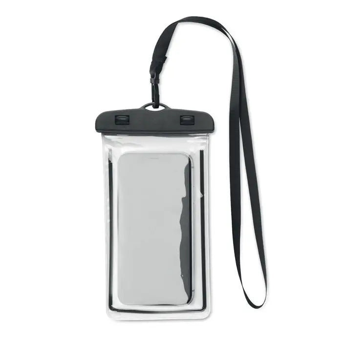 Husa impermeabila pentru smartphone transparenta cu partea superioara neagra si curea pentru protectie completa