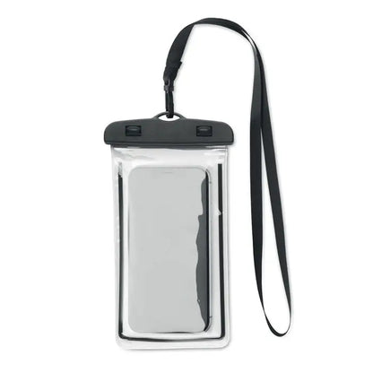 Husa impermeabila pentru smartphone transparenta cu partea superioara neagra si curea pentru protectie completa