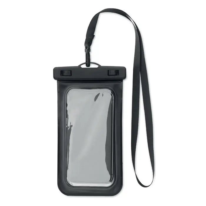 Husa impermeabila pentru smartphone neagra cu panou frontal transparent si curea ajustabila din material rezistent la apa