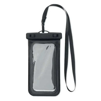 Husa impermeabila pentru smartphone neagra cu panou frontal transparent si curea ajustabila din material rezistent la apa