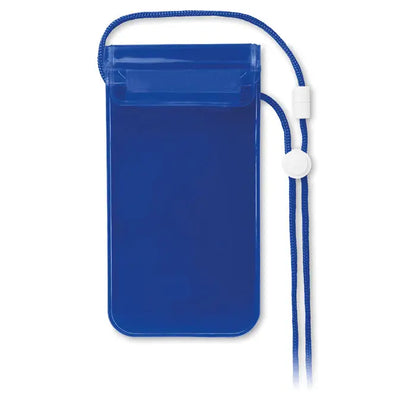 Husa impermeabila pentru smartphone albastra transparenta cu snur impletit si clapete din plastic alb