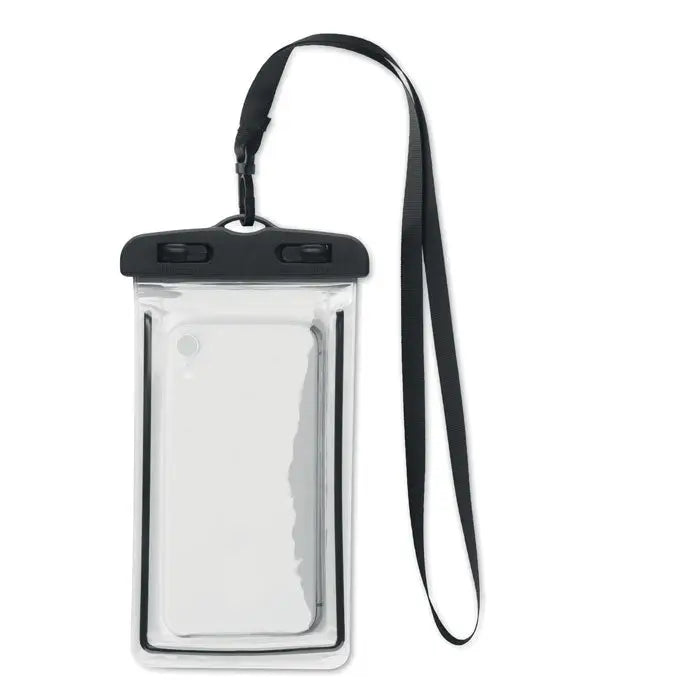 Husa impermeabila pentru smartphone transparenta cu capac negru si curea pentru protectie si transport