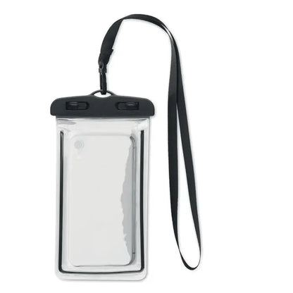 Husa impermeabila pentru smartphone transparenta cu capac negru si curea pentru protectie si transport