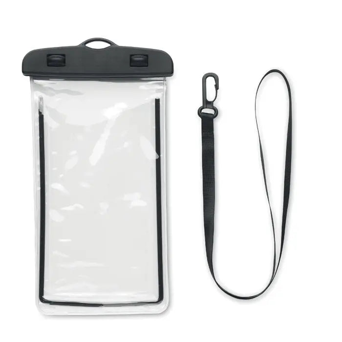 Husa impermeabila pentru smartphone transparenta cu capac negru etans si curea neagra multifunctionala