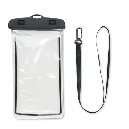 Husa impermeabila pentru smartphone transparenta cu capac negru etans si curea neagra multifunctionala