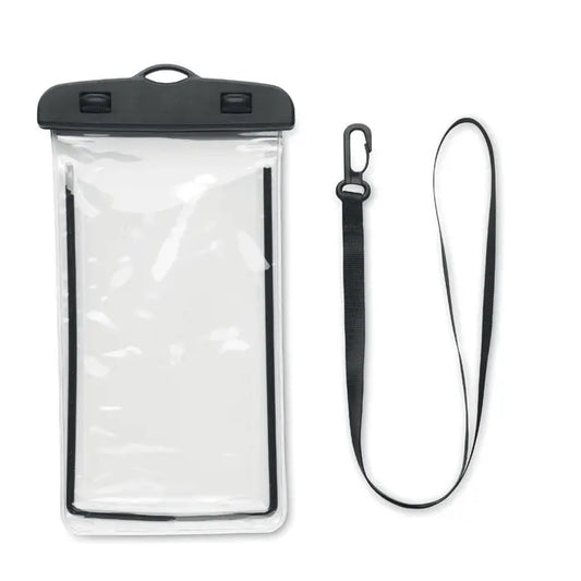 Husa impermeabila pentru smartphone transparenta cu capac negru etans si curea neagra multifunctionala