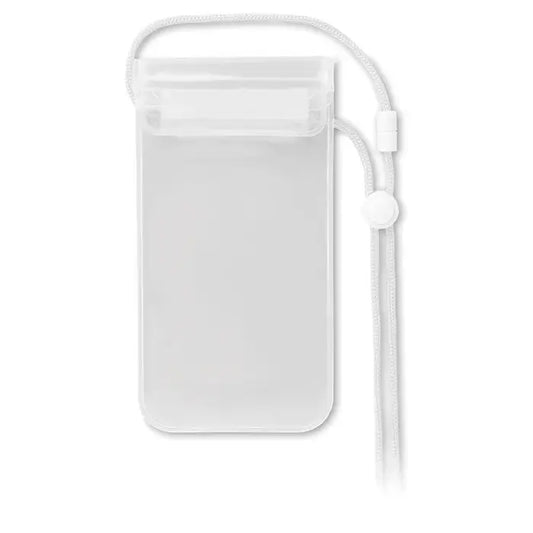 Husa impermeabila pentru smartphone transparenta cu snur alb si sistem de blocare reglabil