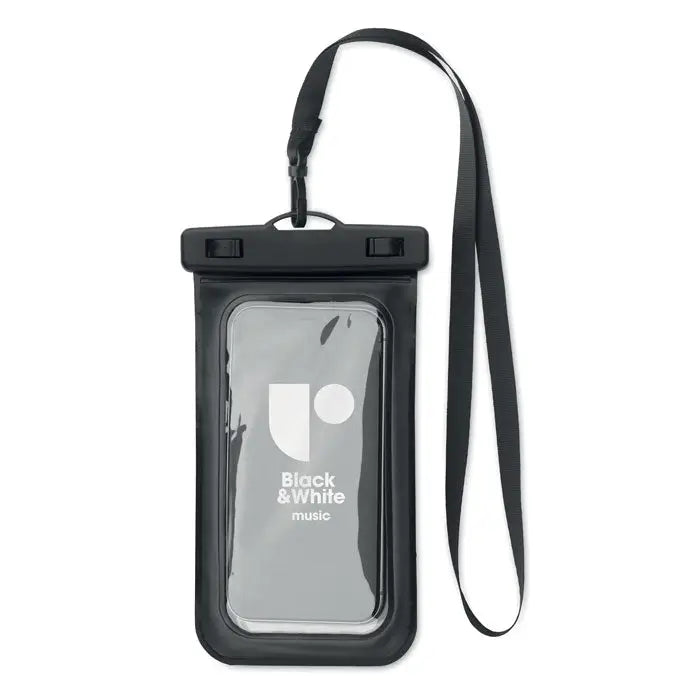 Husa impermeabila pentru smartphone neagra cu panou frontal transparent si logo black and white music
