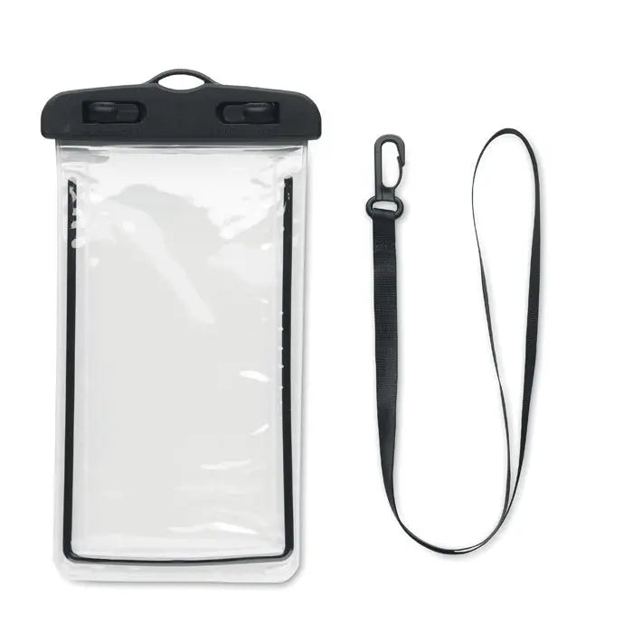 Husa impermeabila pentru smartphone din silicon negru cu partea transparenta si snur pentru agatat