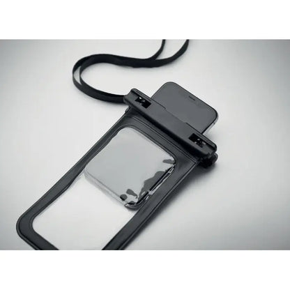 Husa impermeabila pentru smartphone neagra cu panou frontal transparent si curea reglabila pentru protectie completa