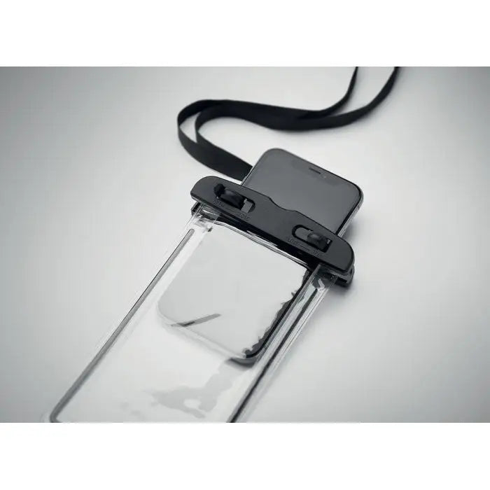 Husa impermeabila pentru smartphone transparenta cu inchidere neagra si curea rezistenta la apa