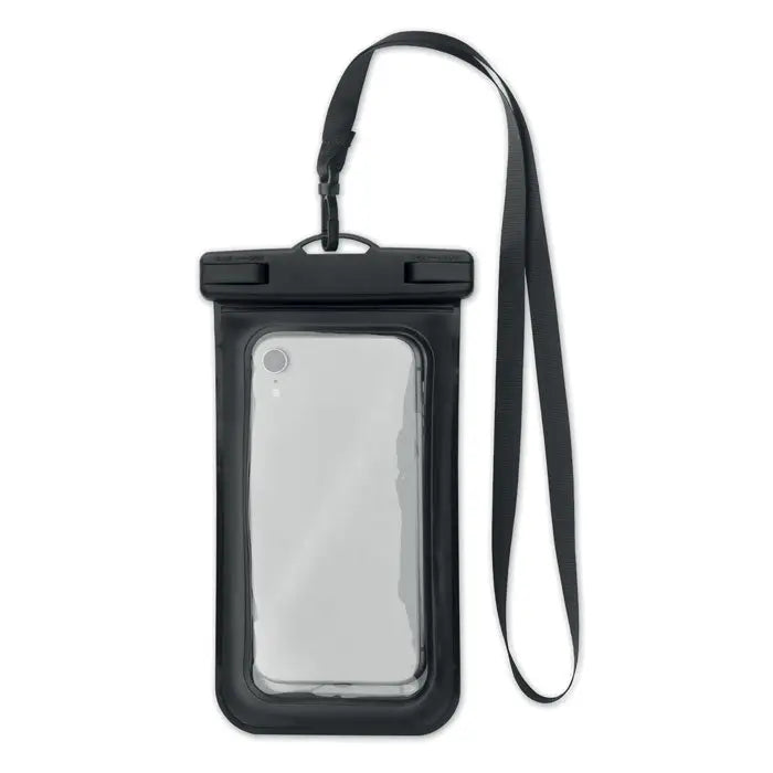 Husa impermeabila pentru smartphone neagra cu panou frontal transparent si curea reglabila