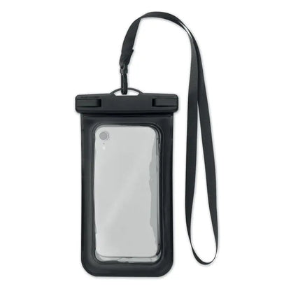 Husa impermeabila pentru smartphone neagra cu panou frontal transparent si curea reglabila