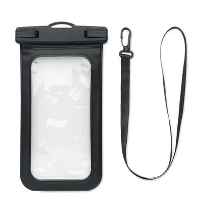 Husa impermeabila pentru smartphone neagra cu panou frontal transparent si snur atasat pentru purtare usoara