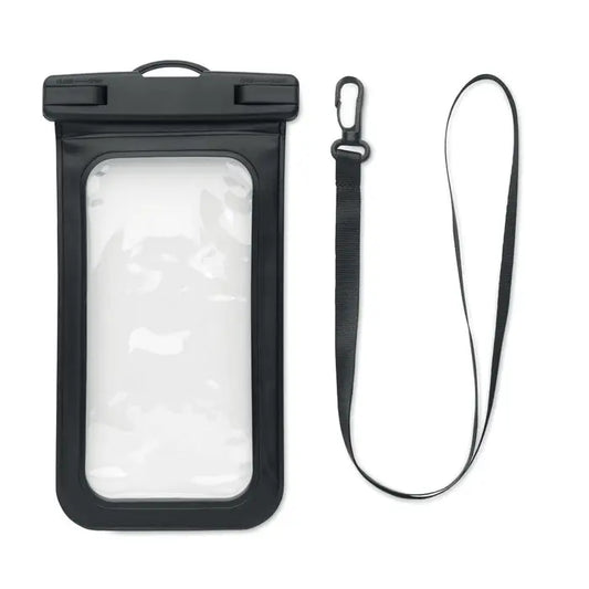 Husa impermeabila pentru smartphone neagra cu panou frontal transparent si snur atasat pentru purtare usoara