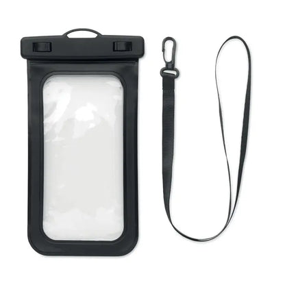 Husa impermeabila pentru smartphone neagra cu panou frontal transparent si snur atasat pentru purtare usoara