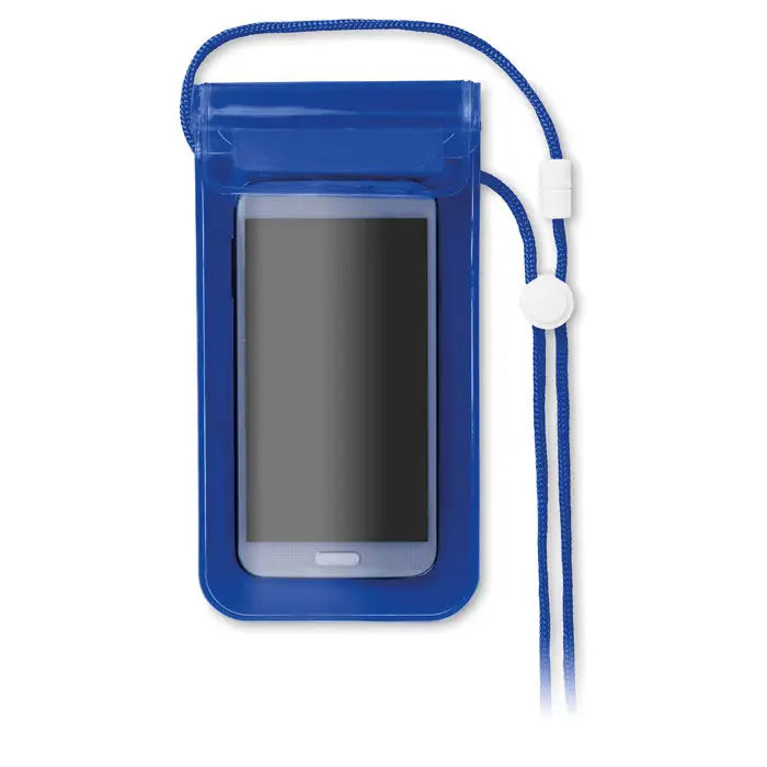 Husa impermeabila pentru smartphone albastra cu curea impletita si sistem de prindere cu clapa alba