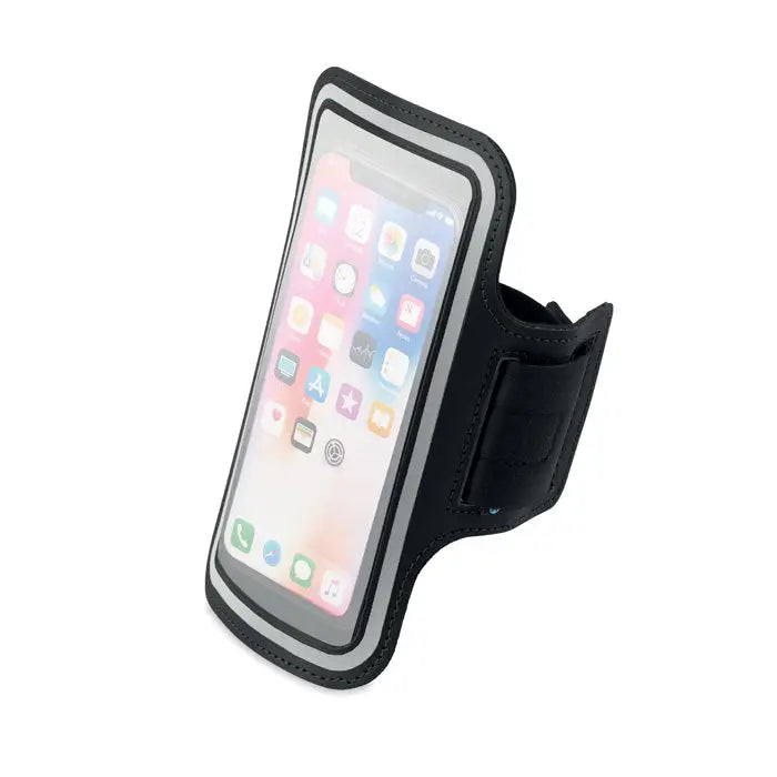 Husa mare pentru telefon din neopren neagra cu panou frontal transparent si bordura argintie pentru antrenamente