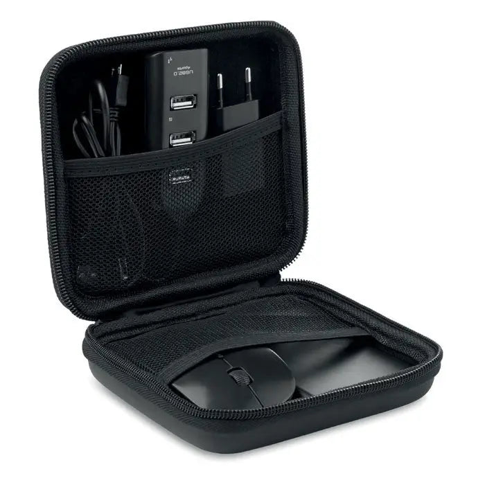 Husa pentru accesorii computer neagra cu fermoar si compartimente plasa ce tine incarcator usb si mouse