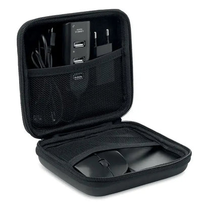 Husa pentru accesorii computer neagra cu fermoar si compartimente plasa ce tine incarcator usb si mouse
