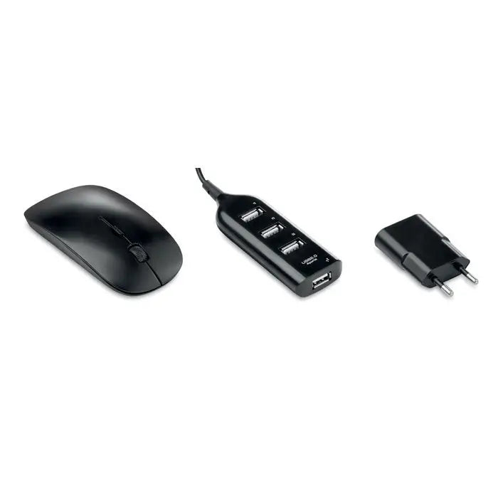 Mouse wireless negru cu design ergonomic si finisaj mat prezentat in husa pentru accesorii computer