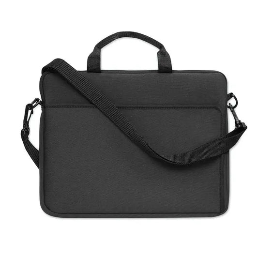 Husa pentru laptop din neopren neagra cu finisaj texturat, maner superior si bretea ajustabila pentru umar
