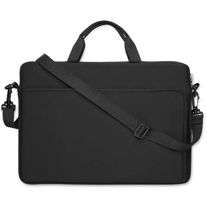 Husa pentru laptop din neopren neagra cu finisaj texturat, maner superior si curea reglabila pentru umar