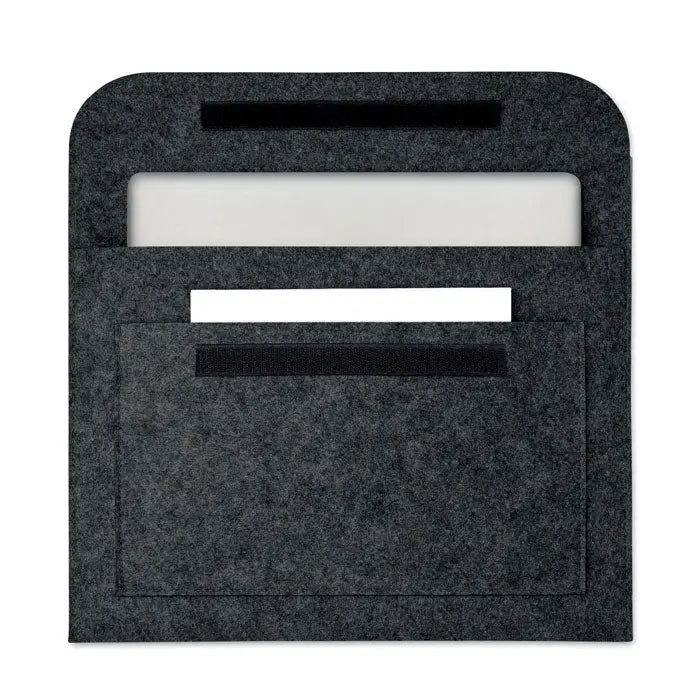 Husa pentru laptop felt de 15 inchi gri inchis din fetru cu trei compartimente si benzi velcro negre