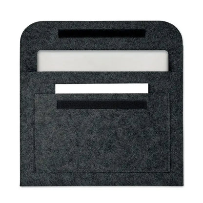 Husa pentru laptop felt de 15 inchi gri inchis din fetru cu trei compartimente si benzi velcro negre
