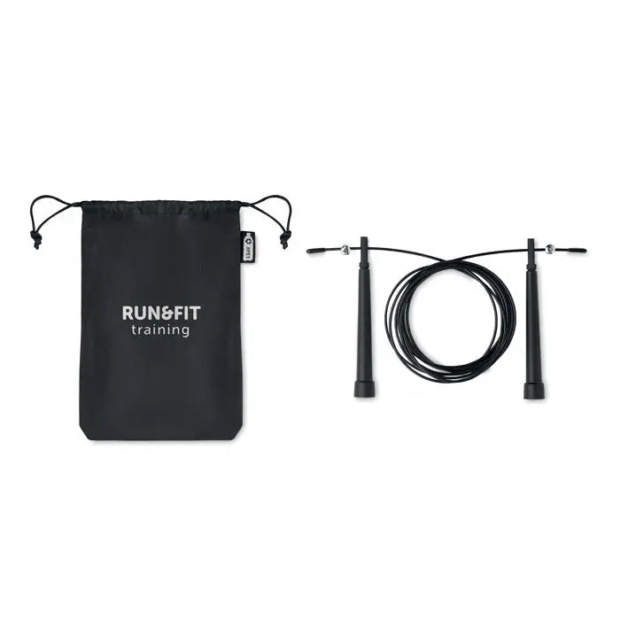 Husa rpet neagra cu coarda pentru sarituri de viteza si manere cilindrice elegante langa sac de depozitare cu snur