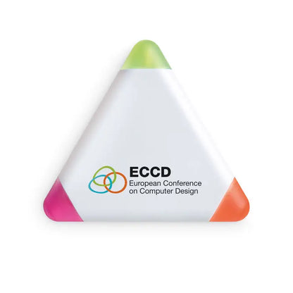 Iluminator triunghiular alb cu vârf verde lime și accente roz și portocaliu cu logo eccd