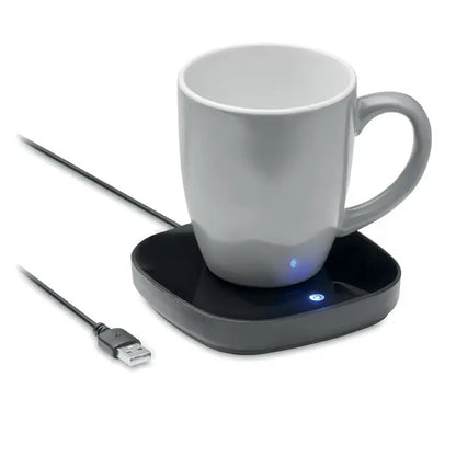 Incalzitor de cani din abs cu cana ceramica gri pe pad incalzitor usb negru cu indicator led albastru