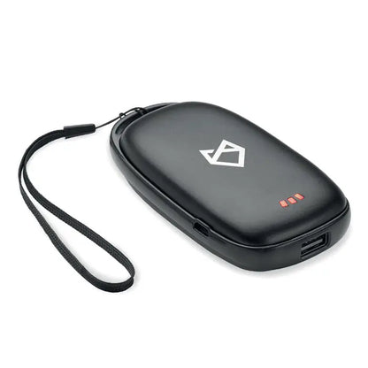 Incalzitor de maini 4000 mAh power bank negru cu design oval si logo geometric alb cu trei leduri rosii